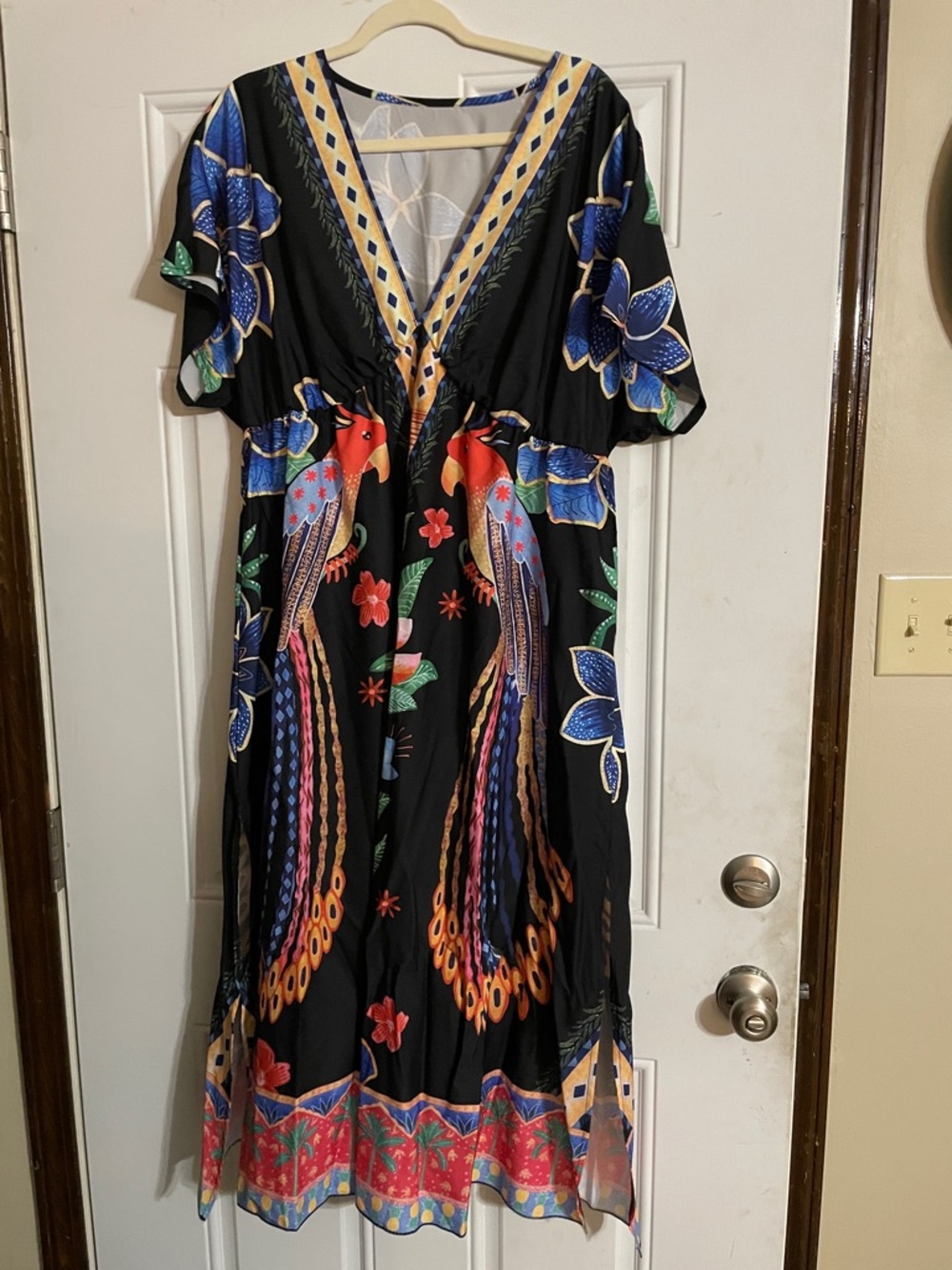 SHEIN Black Maxi Dress with Colorful Parrot & Floral Print